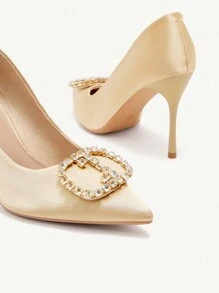 CUCCOO CHICEST Fashion Elegant Golden Color Satin Glitter Rhinestone Metal Decor Pointed Toe Stiletto High Heel Shoes For Wedding Bride Bridesmaid, Party, Date, Holiday, Christmas, Valentine, Comfortable Valentines