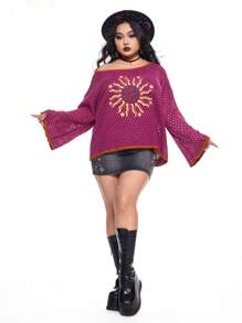 ROMWE Hippie Whimsgoth Retro Sun Embroidery Pullover Sweater - Multicolor - View 5