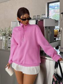 INAWLY Women Solid Color Drop Shoulder Long Sleeve Kangaroo Pocket Half-Placket Casual Sweatshirt, For Spring/Autumn/Winter - Pink - View 7