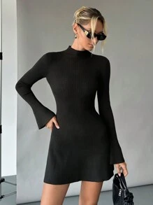 Siren Gaze Winter Women's Turtleneck Sweater Dress, Warm Knitted Bottoming Skirt, Bell Sleeve A-Hem Skirt, Slim And Slim Sweater Skirt, Long Sleeve Dress, Black Dress Casual - Black - View 4