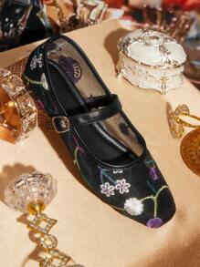 CUCCOO TILAWA 女士优雅刺绣网眼平底鞋 - 黑色 - 查看 8