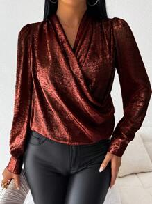 Chiquease Solid Color Off-Shoulder Puff Sleeve Satin-Faced Velvet Shirt Fall Cloth For Women - Red Violet - View 3