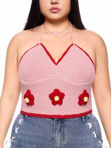ROMWE Kawaii Plus Size Cute 3D Flower Backless Halter Neck Sweater Vest - Pink - View 2