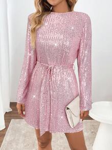 SHEIN LUNE 女士优雅亮片白色鸡尾酒迷你连衣裙，适合圣诞节家庭聚会、机场服装 - 粉色 - 查看 3