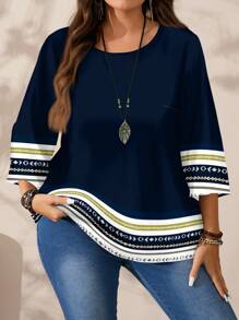 EMERY ROSE Plus Size Women's Casual Pattern Retro Printed Loose Fit Round Neck 3/4 Sleeve Blouse, Suitable For Spring And Summer Fall Clothes Chic Blouses For Women