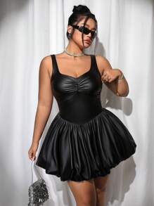 SHEIN ICON ICON 加大码女式无袖方领 PU 泡泡裙、圣诞装、派对礼服 - 黑色 - 查看 5