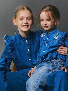 2pcs Girls Floral Ruffled Soft Denim Shirt & Straight Jeans Casual Vacation Outfit, Non-Stretch, Lightweight, Spring Autumn - Medium Wash - View 1