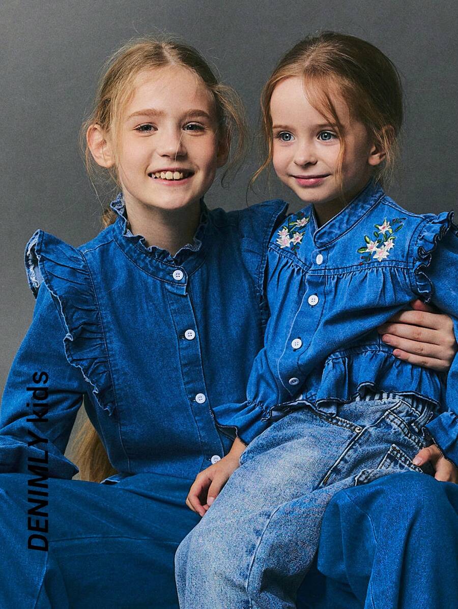2pcs Girls Floral Ruffled Soft Denim Shirt & Straight Jeans Casual Vacation Outfit, Non-Stretch, Lightweight, Spring Autumn - Medium Wash - View 1