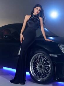 Glamrae Elegant Black Luxury Satin Hot Diamond Handmade Black Bead Necklace With White Pearls Stand-Up Collar Fishtail Skirt Train Women's Formal Evening Dress