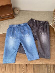 2pcs/Set Baby Boys Denim Effect Pants Set, Designed For Fashionable Baby Boy, Includes Two Comfortable Denim-Print Pants. The Denim Effect Design Not Only Offers A Stylish Look, But Also Provides Soft And Comfortable Wear, Suitable For Spring/Autumn And Various Daily Activities