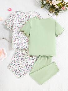 SHEIN 4 件套年轻女孩甜美花卉图案卷边短袖上衣和长裤休闲家居服套装