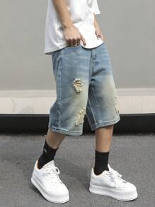 Manfinity EMRG Men's Simple Ripped Pocket Denim Shorts, Casual Everyday Wear - Medium Wash - View 1