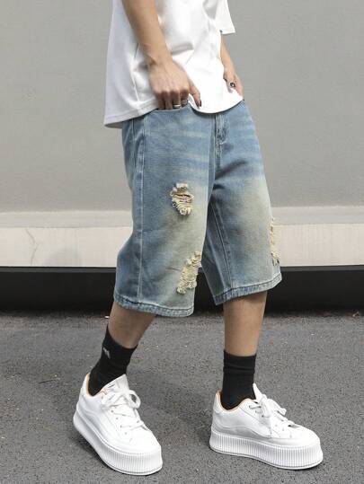 Manfinity EMRG Enkel jeansshorts med rippad ficka för män, vardagskläder