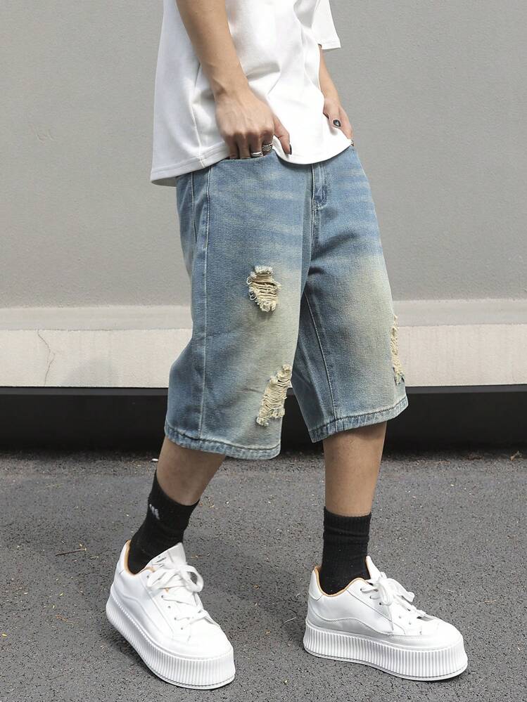 Manfinity EMRG Enkel jeansshorts med rippad ficka för män, vardagskläder - Mediumtvätt - Visa 1