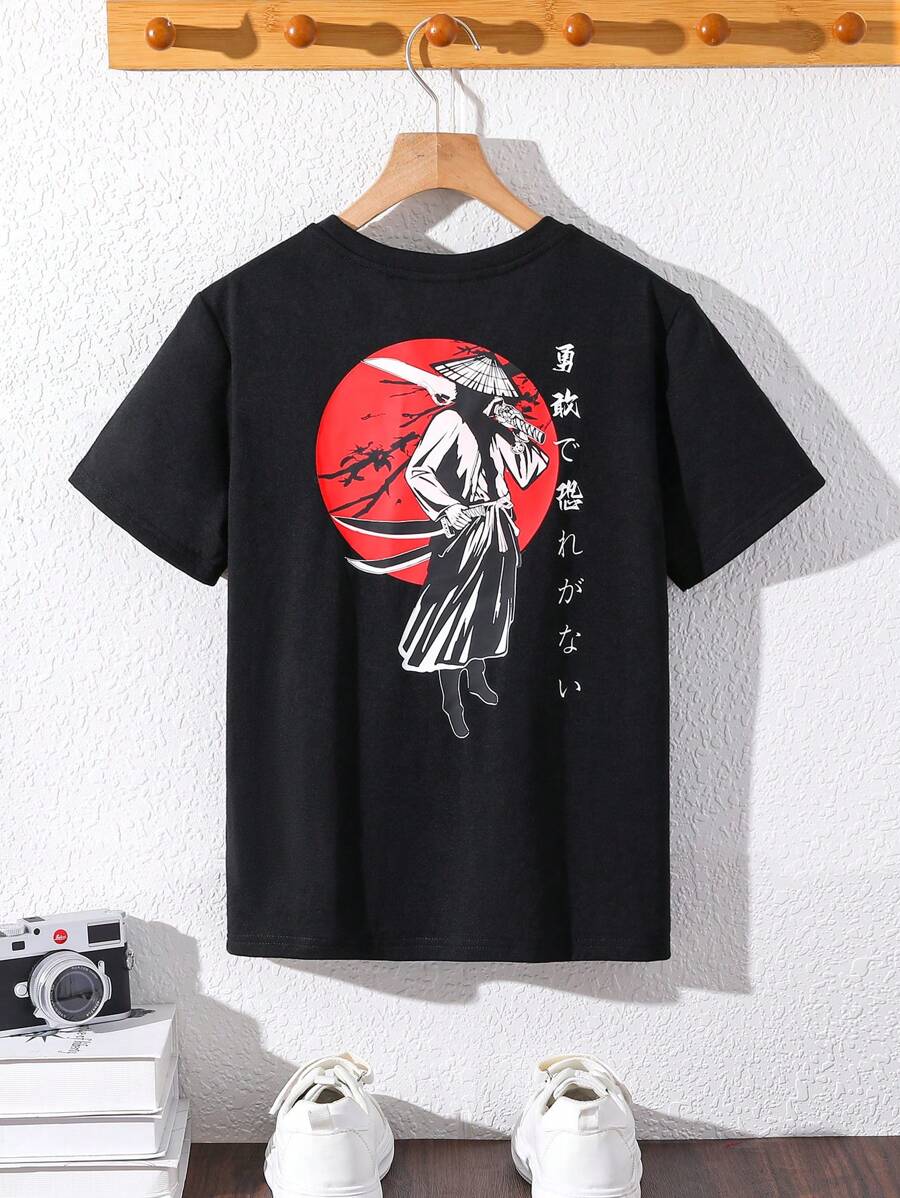 Tween Boy Casual Cartoon Print Short Sleeve Round Neck T-Shirt, Suitable For Autumn, Spring, Summer, Outdoor Play, School, Street Shooting, Party And Leisure - Black - View 1