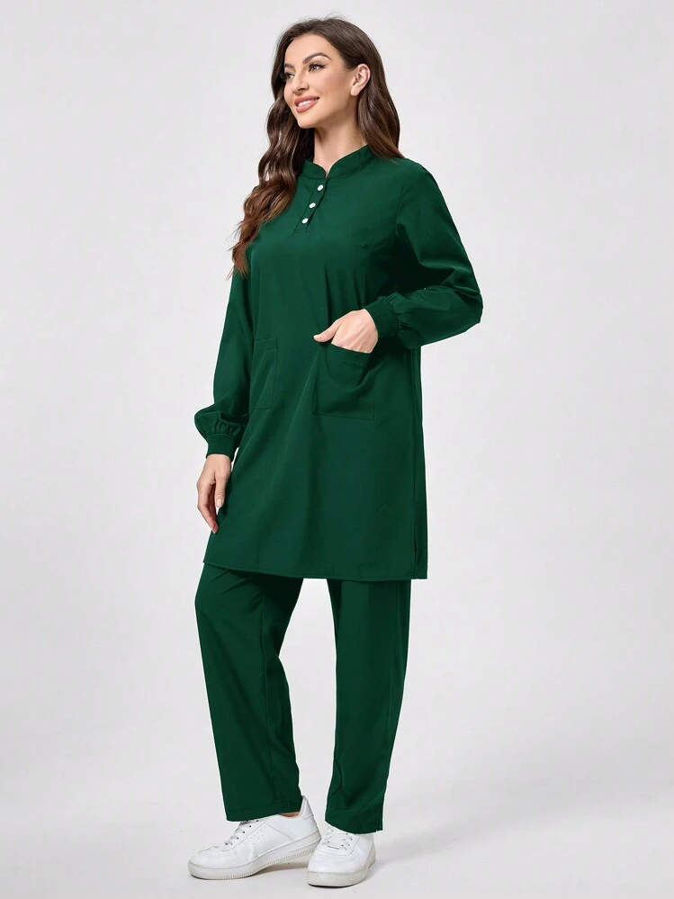 TaskEZ Dark Green 2pcs Solid Color Front Button Long Sleeve Pocket