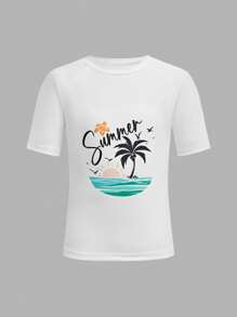 SHEIN 3pcs/Set Tween Boy Vacation Palm Tree Graphic Swimsuit, Swim Trunks & Hat - White - View 10