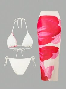 Swim Oasis Women 3pcs Floral Halter Tie Bikini Set, Sexy Summer