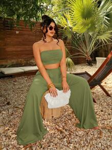 SHEIN SXY Conjunto de pantalones anchos de pierna ancha con pliegues y sin tirantes de moda para mujer, ideal para vacaciones de verano, playa y estilo bohemio sexy