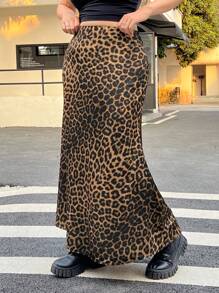 SHEIN EZwear Plus Size Leopard Print Fishtail Skirt, Casual & Fashionable For Everyday Wear