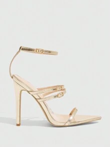 CUCCOO SZL 女士时尚金色细带金属扣尖头踝带细高跟凉鞋，适合约会、派对、度假、婚礼