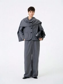 Aalyst Women Retro Elegant Fashion Long Sleeve Collar Scarf Jacket And Straight Solid Color Pants Suit, Comfortable For Commuting