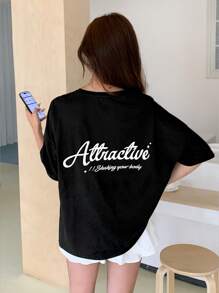 EastFlair Women's Oversize Comfortable Round Neck Drop Shoulder Split Design Letter Printed T-Shirt - Black - View 5