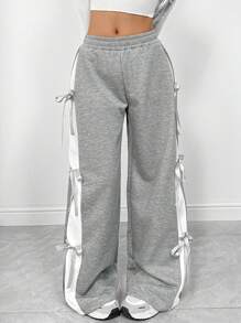 Muchica 女士纯色拼布系带休闲长裤，日常穿着 - 灰色 - 查看 5