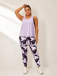 SHEIN Sport Studio Plus Size Women Solid Color Round Neck Tank Top And Batik Print Leggings Sports Suit