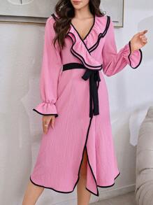 Women's Contrast Color Trim Double Layer Ruffle Collar Tie Front Bathrobe Loungewear - Pink - View 4
