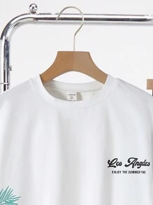 SHEIN Leap Crew 2pcs Set Teen Boy's Slogan & Tropical Print Tee & Drawstring Waist Shorts;Spring Wear; Teen Boys' Clothing; Teen Boy' Jackets, Spring Back To School - Multicolor - View 6