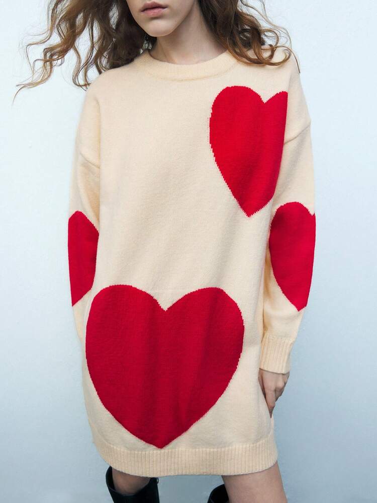 SHEIN Maija Women's Apricot Round Neck Heart Pattern Loose Comfortable Versatile Daily Casual Sweater Dress, Suitable For Spring, Valentine's Day, And Holidays Festival