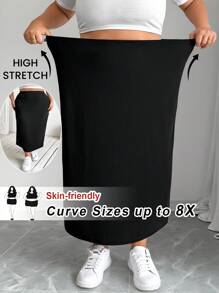 SHEIN CURVE+ Plus Size Women's Black Elastic Knitted Midi Pencil Skirt - Black - View 1