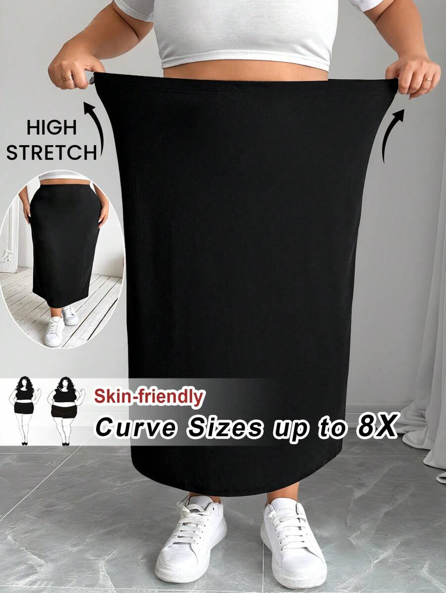 SHEIN CURVE+ Plus Size Women's Black Elastic Knitted Midi Pencil Skirt - Black - View 1