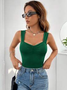 SHEIN Privé 休闲简约纯色心形领紧身衣 - 墨綠色 - 查看 3