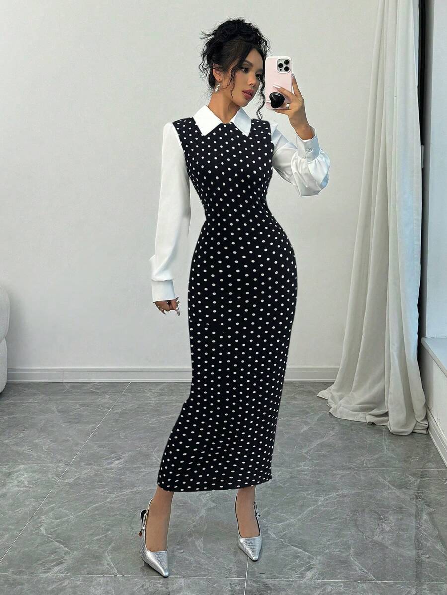 Rafferiza Đầm dài tay cổ sơ mi họa tiết răng sói phối màu thanh lịch & vừa vặn dành cho nữ, mùa thu/đông - màu đen - Xem 1