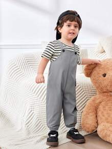 SHEIN Casual Sports Stylish Pockets Letter Printed Overalls For Toddler Boys/Girls, Suitable For Spring & Summer Wear, Indoor & Outdoor - Grey - View 4