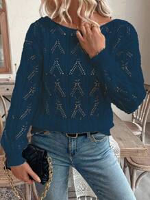 SHEIN LUNE Casual Off Shoulder Hollow Floral Loose Pullover Sweater, Relaxed Holiday Style - Navy Blue - View 5