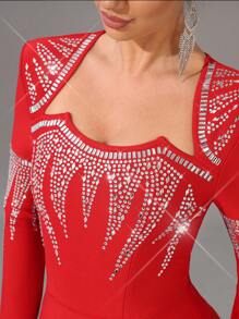 SHEIN Belle Elegant Red Luxury Rhinestone Flower Pattern Long Sleeve Bandage Dress,Special Shape Collar Tight Bodycon Evening Gown For Wedding,Prom & Party - Red - View 2