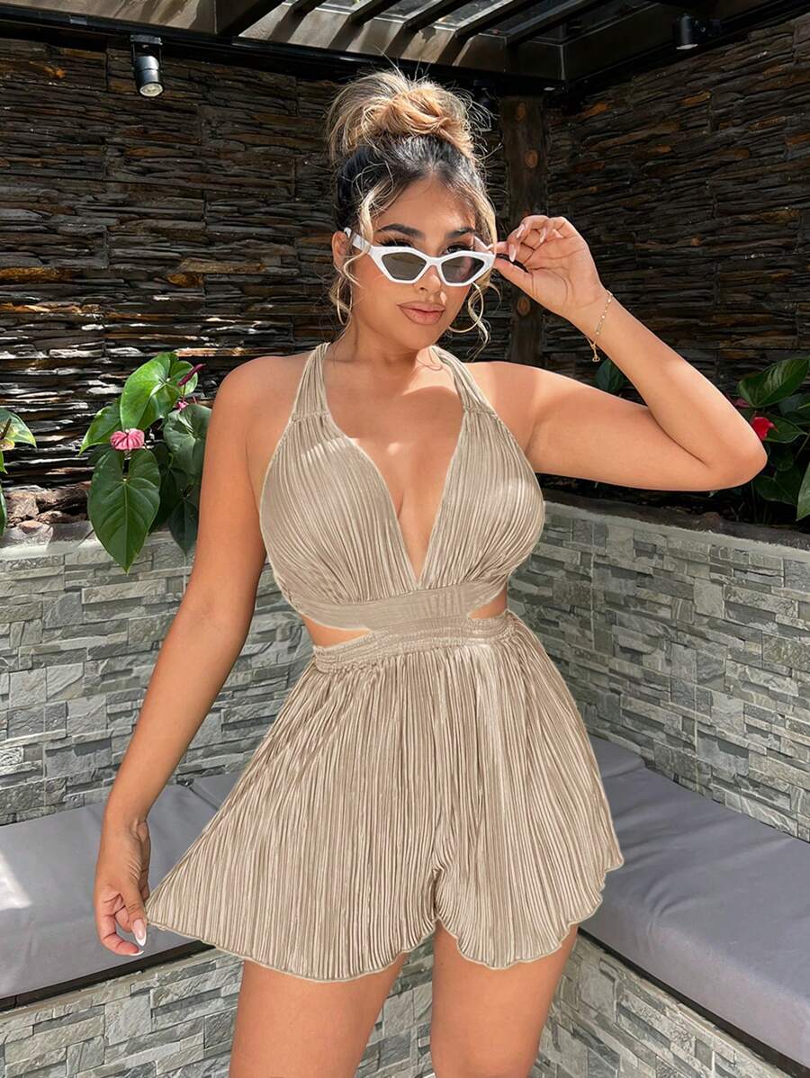 SHEIN SXY 女士纯色露背绑带连体裤，适合度假和休闲装，节日性感夏季海滩度假波西米亚风女装骄傲服装西装生日服装单身派对音乐会俱乐部 - 杏色 - 查看 1