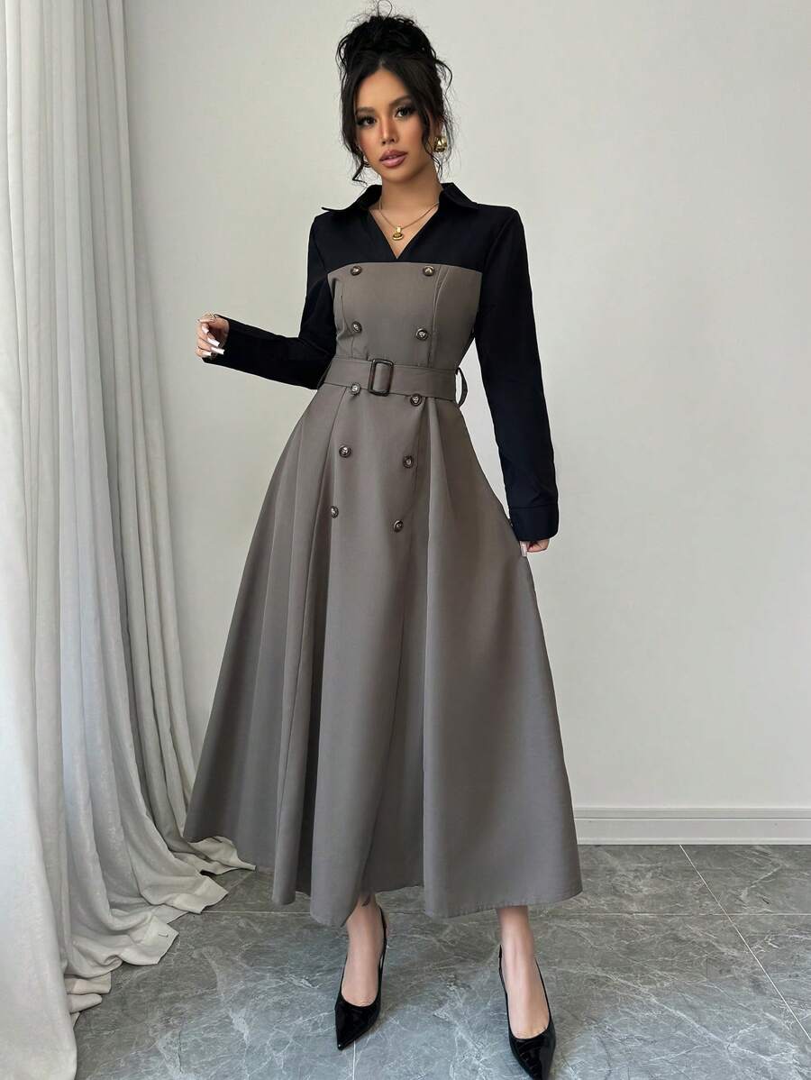Modelyn 女士优雅撞色拼接二合一连衣裙，秋冬长款晚礼服 - 灰色 - 查看 1