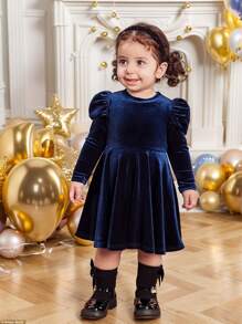 SHEIN Váy nhung tay lỡ màu xanh navy dễ thương cho bé gái mùa Giáng sinh, váy thu/đông - Màu xanh lam - Xem 4