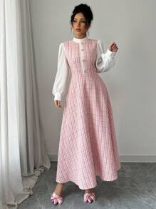 女式格子拼接立领长袖纽扣设计优雅连衣裙长款晚礼服 - 粉色 - 查看 3