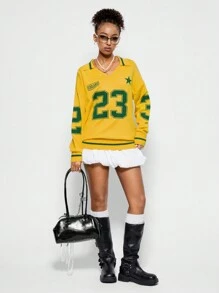 Muchica Women's Number Game Day Graphic Polo Jersey Sweater - Yellow - View 5