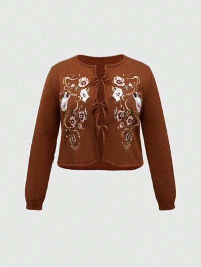 Fairycore Cárdigan de talla grande con bordado de serpiente botánica "Fairycore" y cierre delantero de lazo