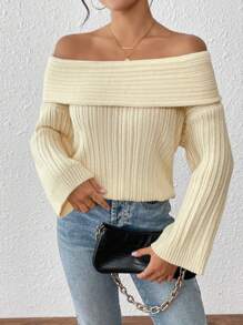 Chiquease Off Shoulder Flared Sleeve Solid Color Sweater, Casual Autumn/Winter Knit Pullover Fall Sweater - Beige - View 1