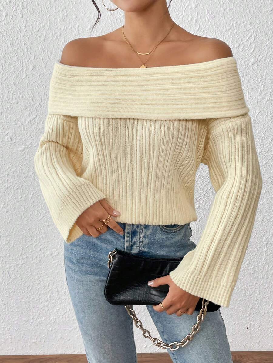 Chiquease Off Shoulder Flared Sleeve Solid Color Sweater, Casual Autumn/Winter Knit Pullover Fall Sweater - Beige - View 1