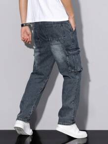 Manfinity Homme Men's Casual Washed Cargo Denim Jeans - Blue - View 2