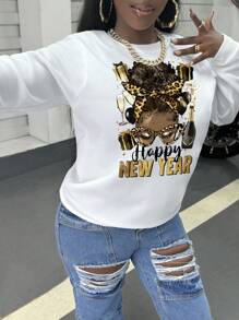 SHEIN Slayr 大码圆领长袖图案印花休闲运动衫，新年夜上衣