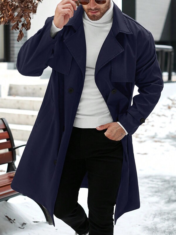 Manfinity Homme Plus Size Men's Solid Color Minimalist Casual Trench Coat, Everyday Wear